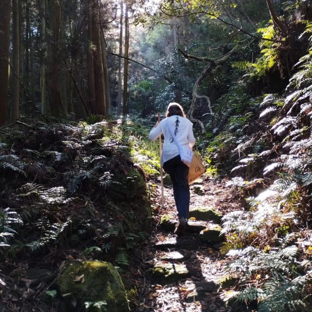 A pilgrim walks the steep hill toward Yokomine-ji temple.