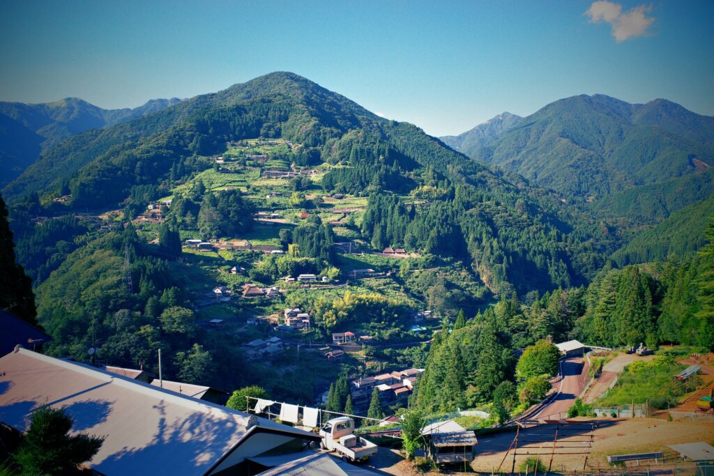 A scenic view of a mountainside village in the Iya Valley, Tokushima, Japan, with traditional houses nestled among dense cedar forests, terraced retaining walls, and winding roads.