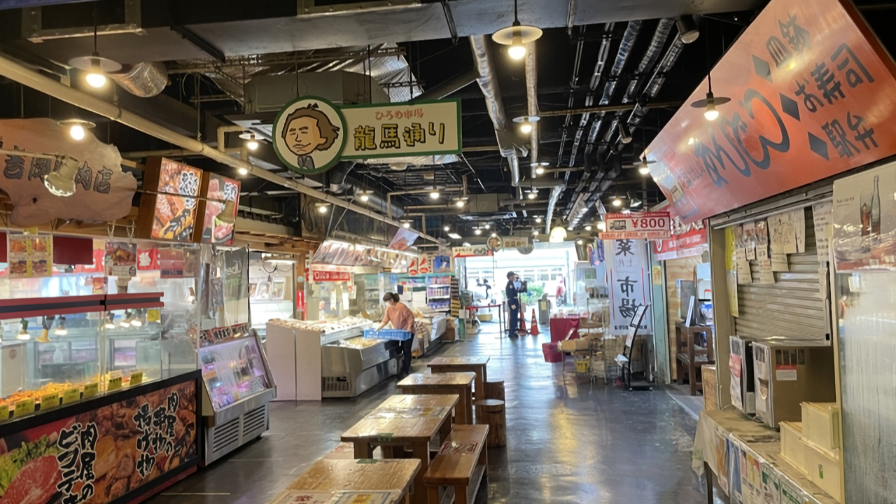 An indoor market lane at Kochi's Hirome Market.