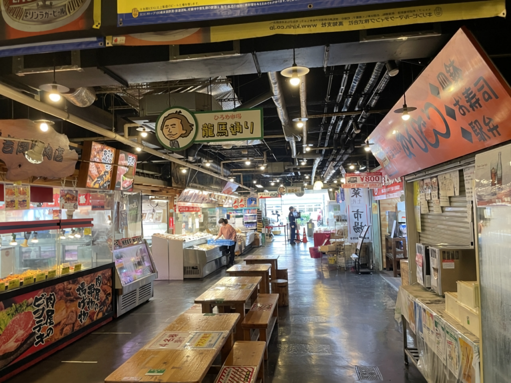 An indoor market lane at Kochi's Hirome Market.