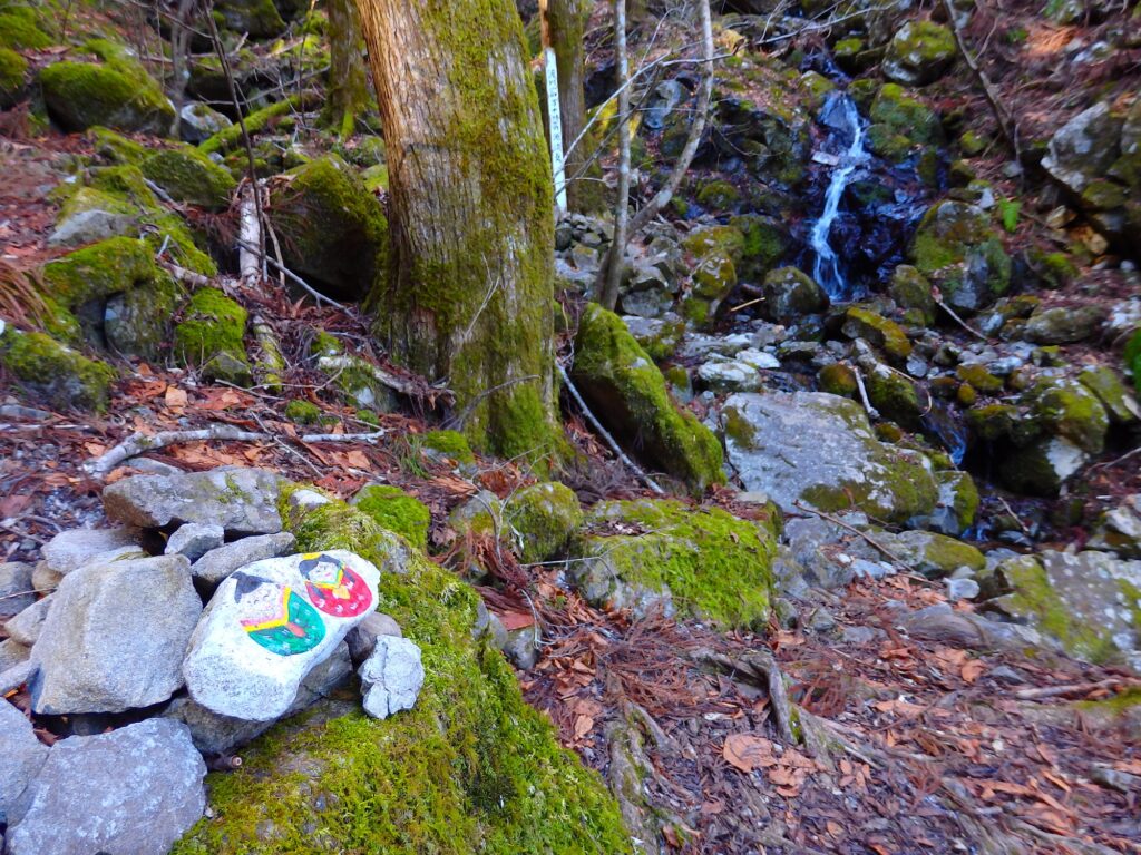 A small, crystal-clear stream flowing over moss-covered rocks at the headwaters of the Shimanto River in Kochi, Japan.