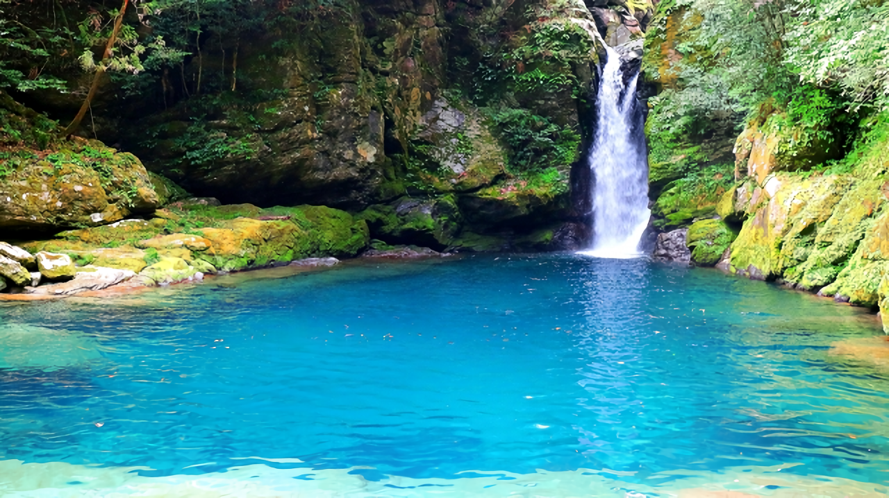 A scenic waterfall flowing into a vibrant, crystal-clear blue basin surrounded by mossy rocks and lush greenery in Kochi, Japan.
