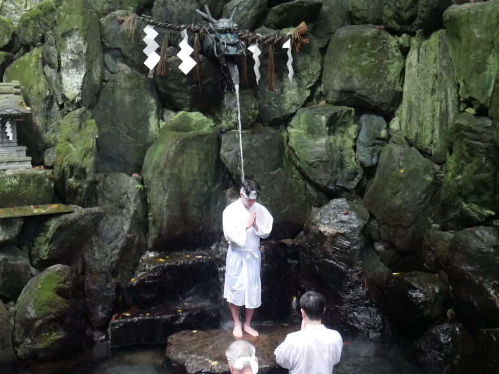 Misogi, waterfall purification at Ishizuchi Shrine.