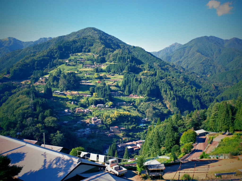 A scenic view of a mountainside village in the Iya Valley, 
