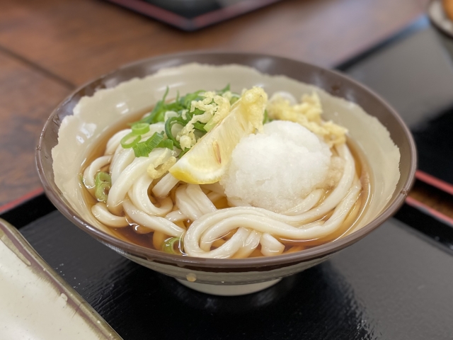 Sanuki udon, Japanese thick wheat noodles topped with grated radish and lemon.