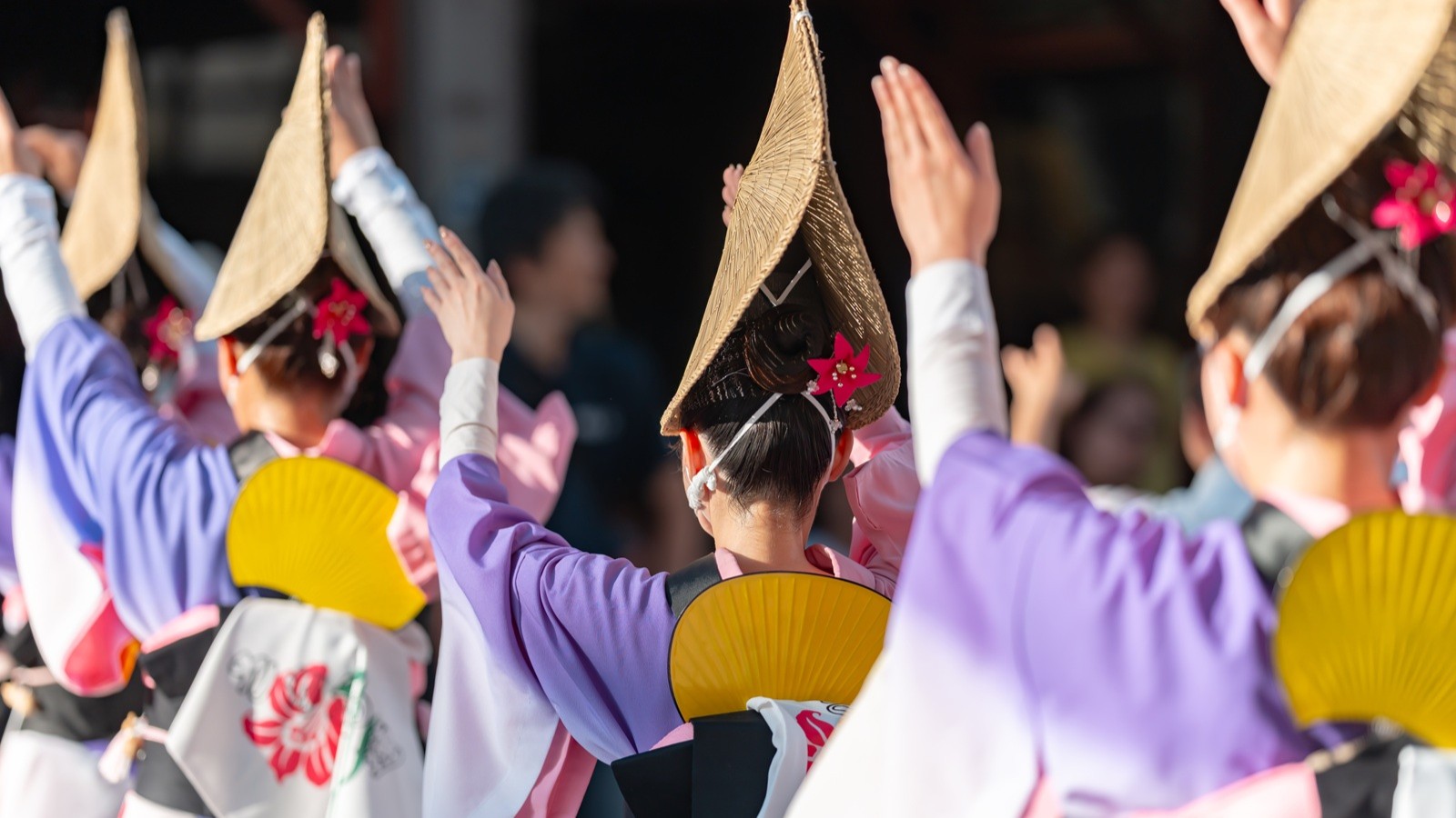 Onna-odori female dancers in purple and pink kimono with pointed straw hats and gold fans, viewed from behind