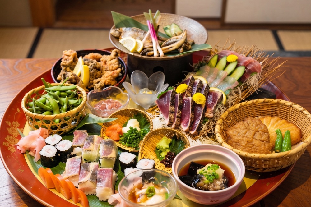 "A traditional Japanese Sawachi-ryori platter featuring a rich assortment of sushi, seafood, and fried dishes served on a large ceramic plate.