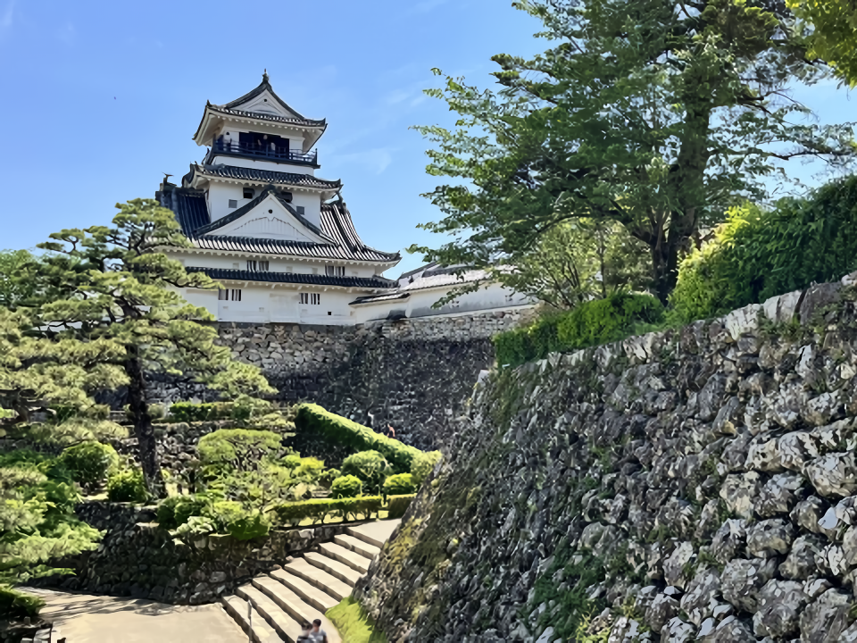 This photo shows the historic Kochi Castle tower standing behind its impressive rugged stone walls under a clear blue sky.