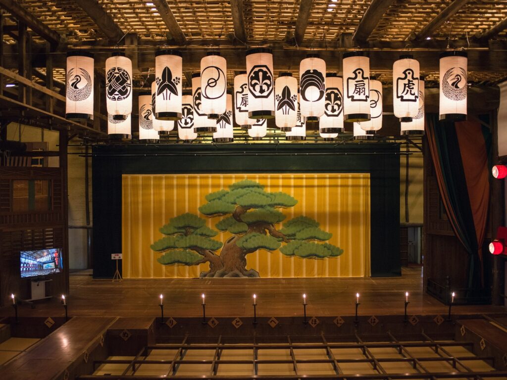 Interior view of Kanamaruza kabuki theater stage with painted pine backdrop and rows of hanging paper lanterns bearing actor crests