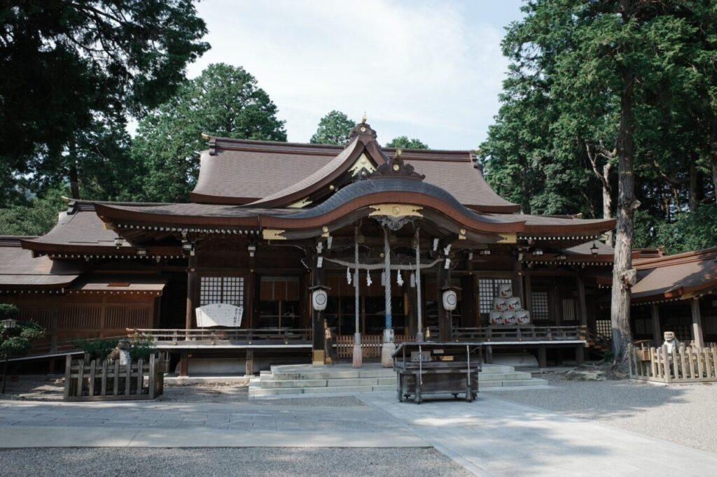 The worship hall of Oaskahiko Shrine. Shrine architecture preserves Shinto roots in the Japanese spirituality of farmers.