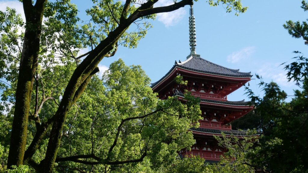 The red pagoda of Chikurin-ji Temple juts out over the lush greenery of trees on the temple grounds.