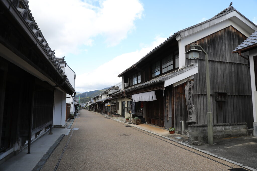 Wood and earthen buildings line a historical highway in the udatsu distict of Wakimachi, Japan's greatest indigo-producing town.