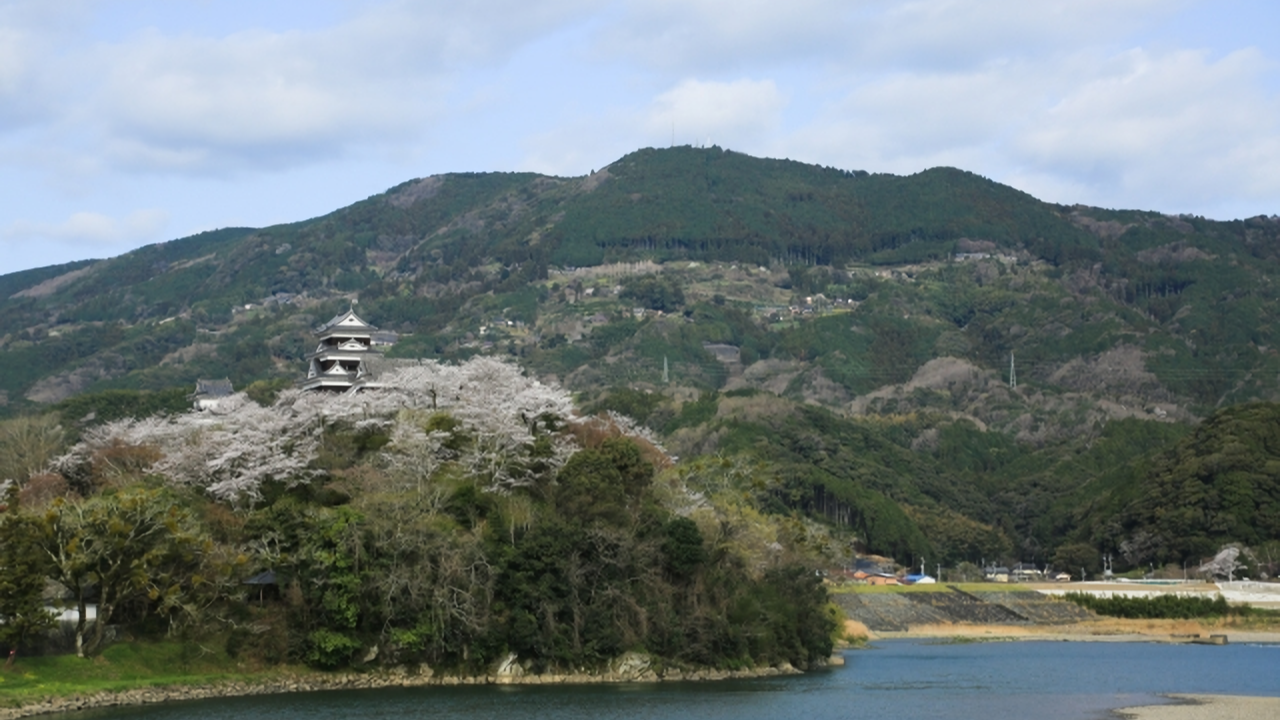 A scenic view of Ozu Castle standing above the Hijikawa River, framed by beautiful cherry blossoms and mountains.