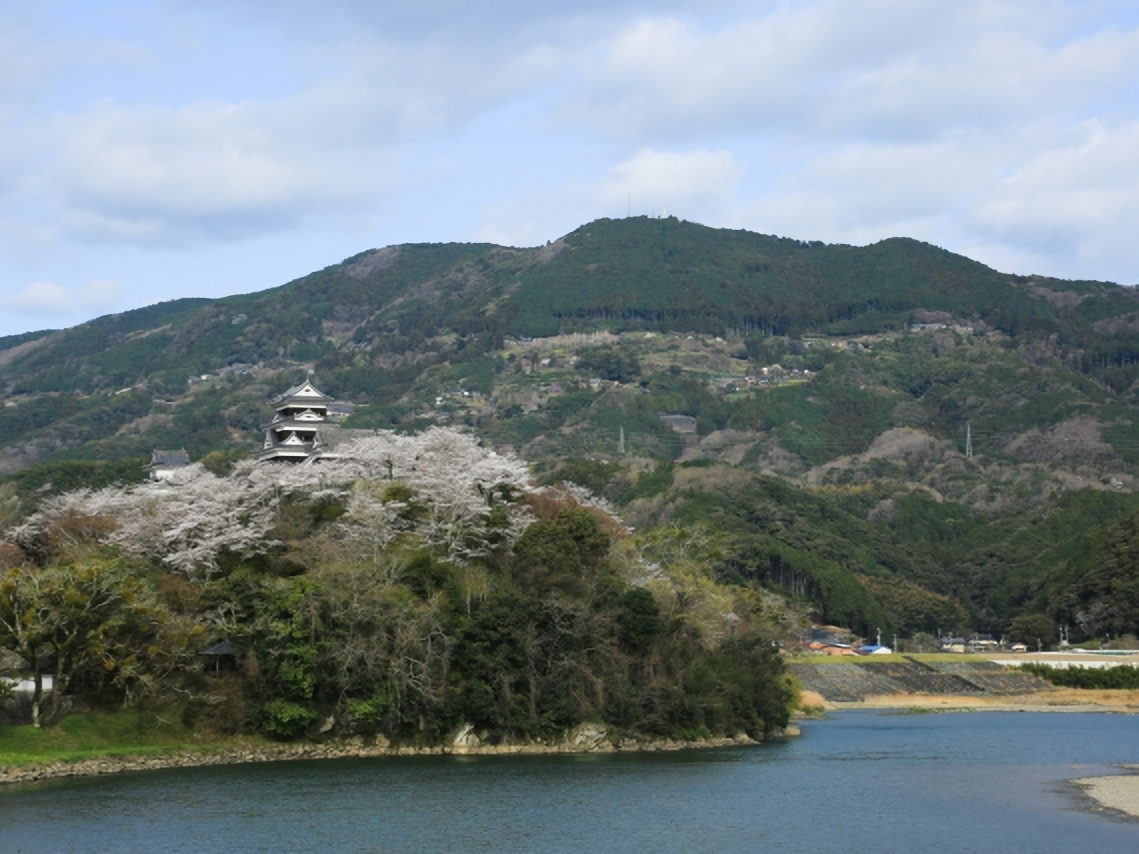 A scenic view of Ozu Castle standing above the Hijikawa River, framed by beautiful cherry blossoms and mountains.