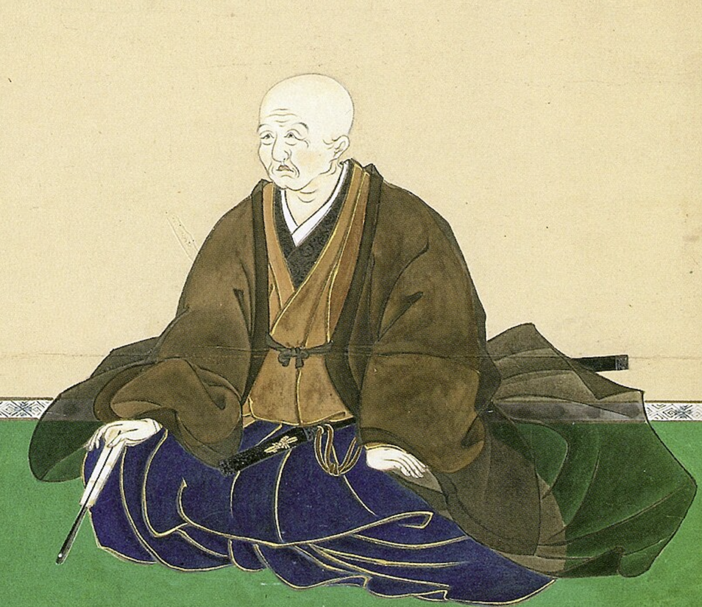 A 17th century portrait of Hachisuka Iemasa, a samurai lord, wearing a brown haori jacket and hakama trousers dyed with indigo.