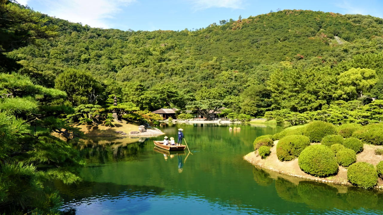 A traditional punt glides across the tranquil South Pond, surrounded by meticulously pruned pines and lush green hillsides beyond.