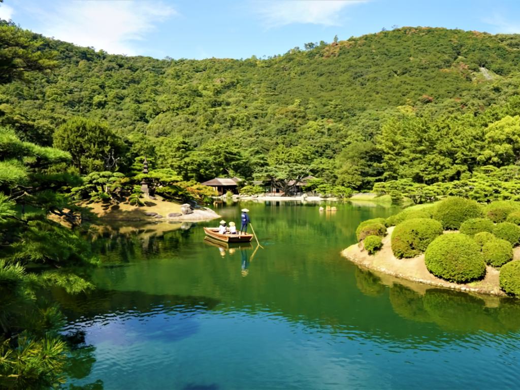 A traditional punt glides across the tranquil South Pond, surrounded by meticulously pruned pines and lush green hillsides beyond.