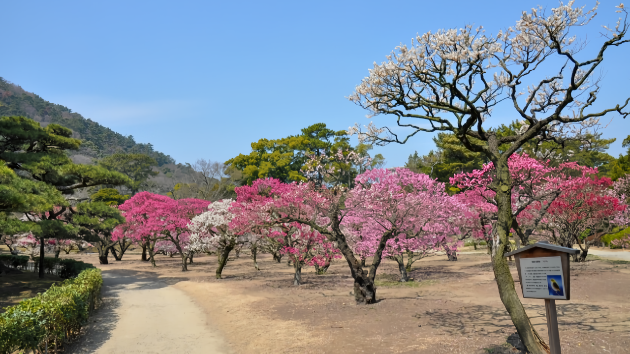 Under clear winter skies, plum trees burst into stunning red and white plum blossoms, beautifully lining a peaceful garden pathway.
