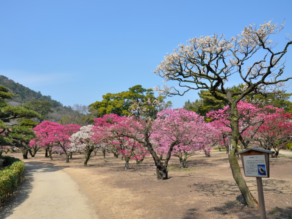 Under clear winter skies, plum trees burst into stunning red and white plum blossoms, beautifully lining a peaceful garden pathway.
