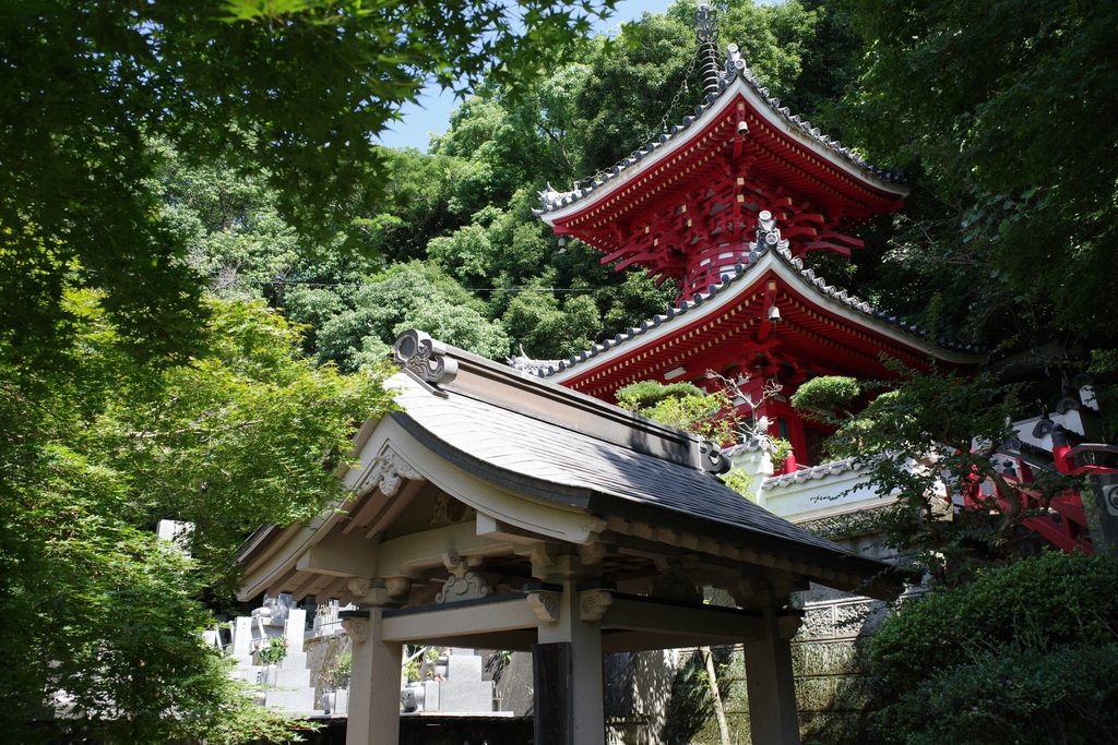 The two-storey pagoda of Konsen-ji, Pilgrimage Temple 2, surrounded in the rich greenery of the Tokushima countryside.