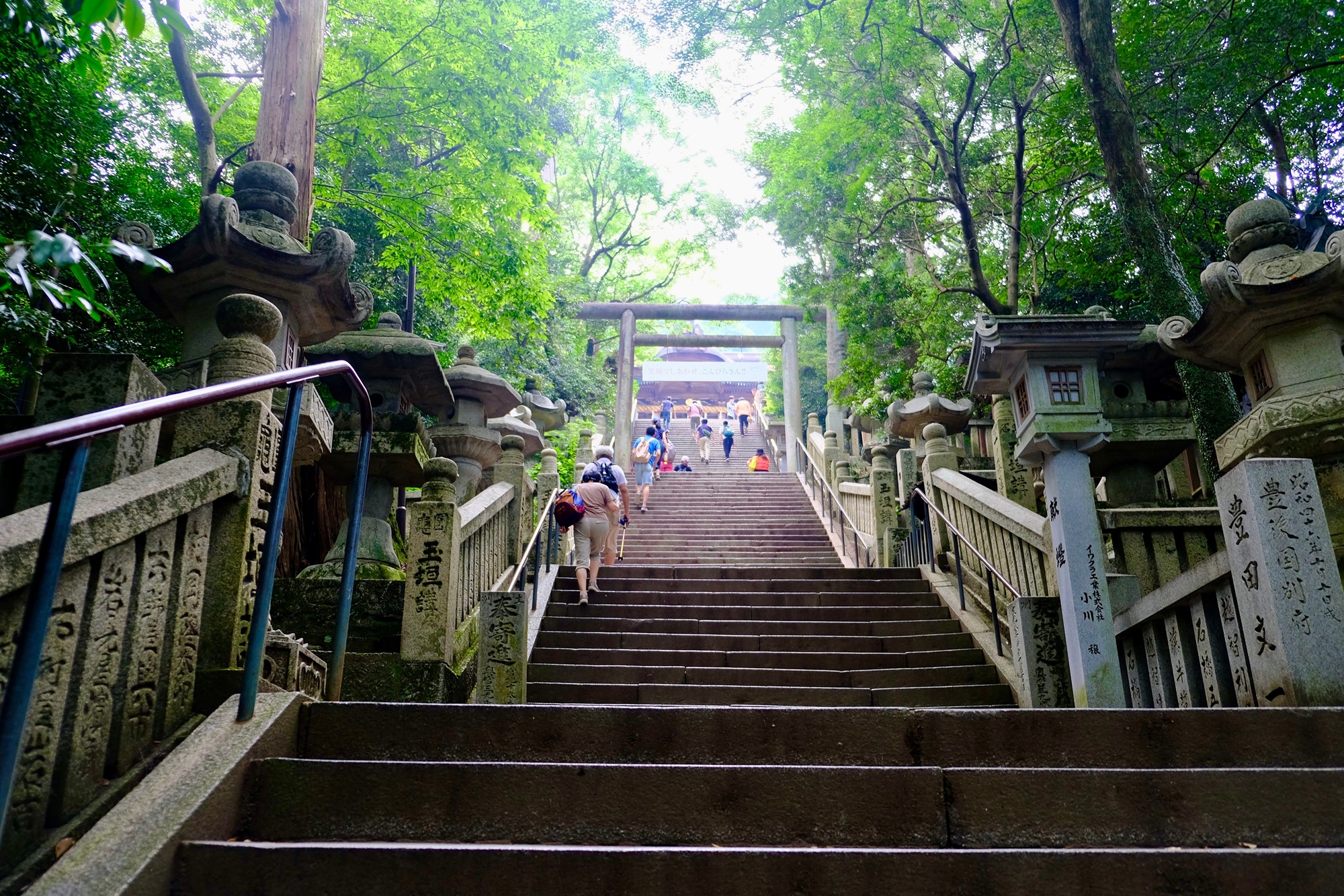 Climbers pause on the steepest stretch, walking sticks in hand, as another torii appears through the summer canopy — proof the top is still coming