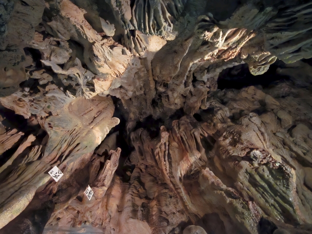 Stalactite-covered ceiling inside Ryugado Cave, Kochi