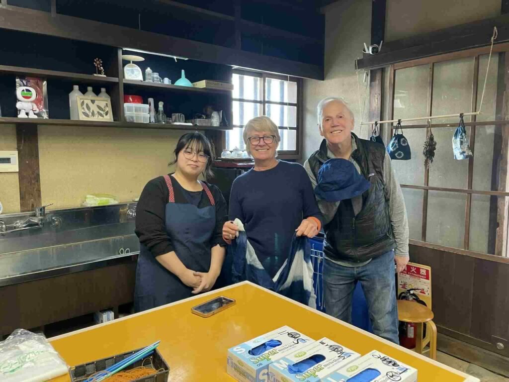 Guests dyeing cloth with Awa indigo at a workshop in Mima City, Tokushima