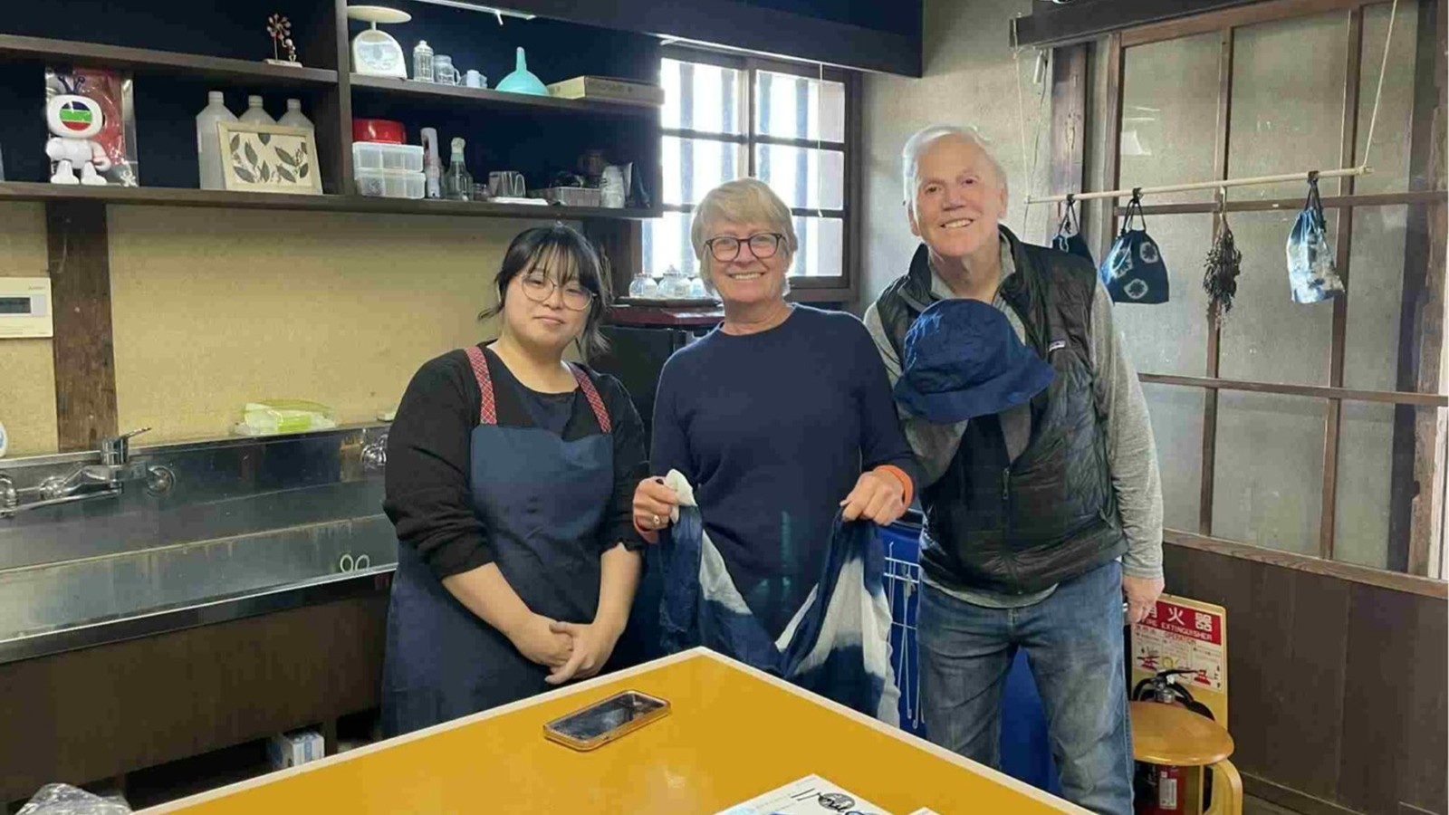 Guests dyeing cloth with Awa indigo at a workshop in Mima City, Tokushima