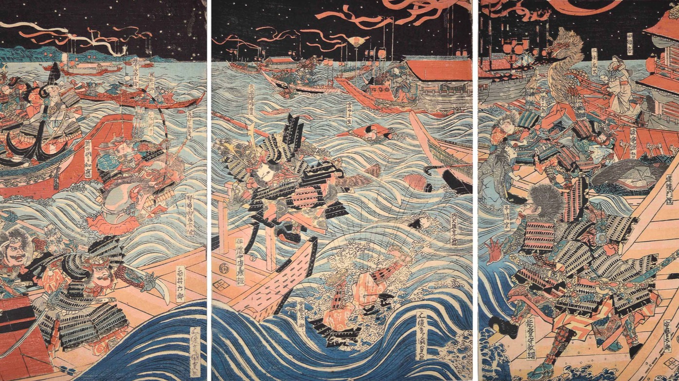 A Japanese woodblock print of the Battle of Yashima by Utagawa shows the chaotic flight of the Taira clan to their ships after the rival Minamoto clan attacked their stronghold on Yashima.