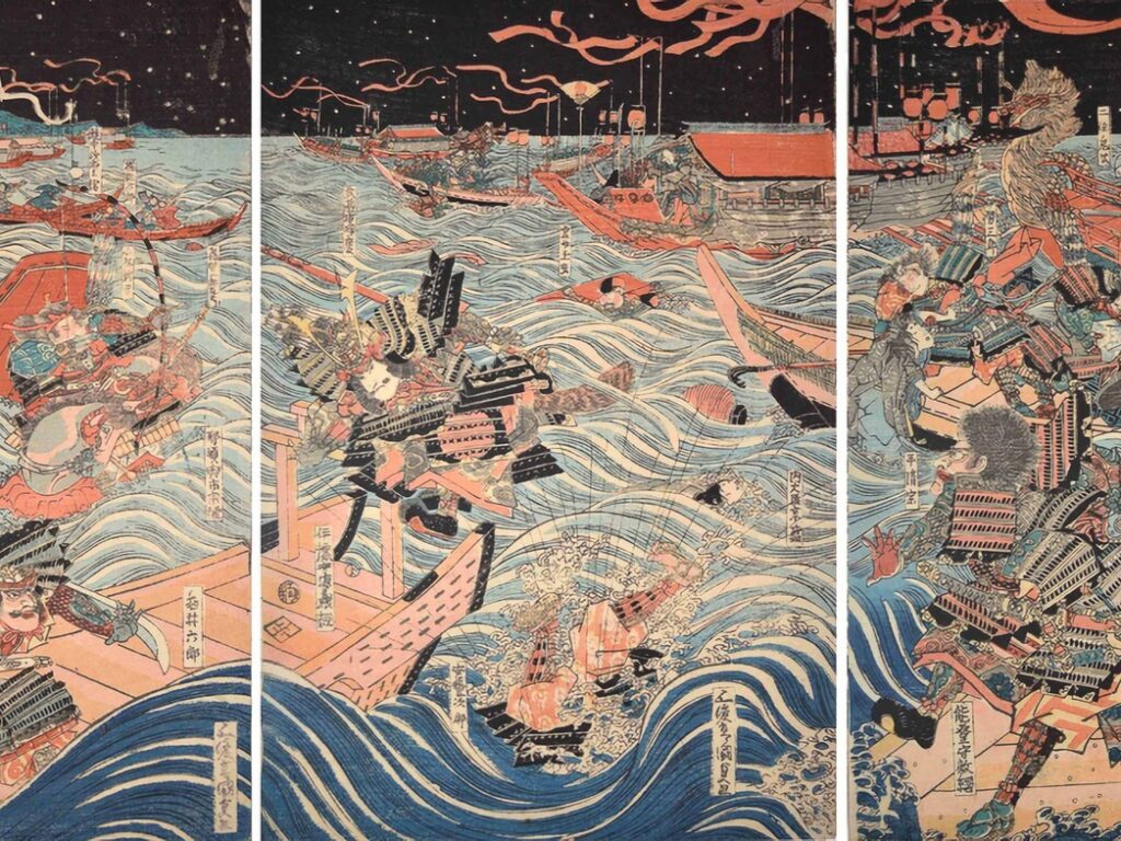 A Japanese woodblock print of the Battle of Yashima by Utagawa shows the chaotic flight of the Taira clan to their ships after the rival Minamoto clan attacked their stronghold on Yashima.